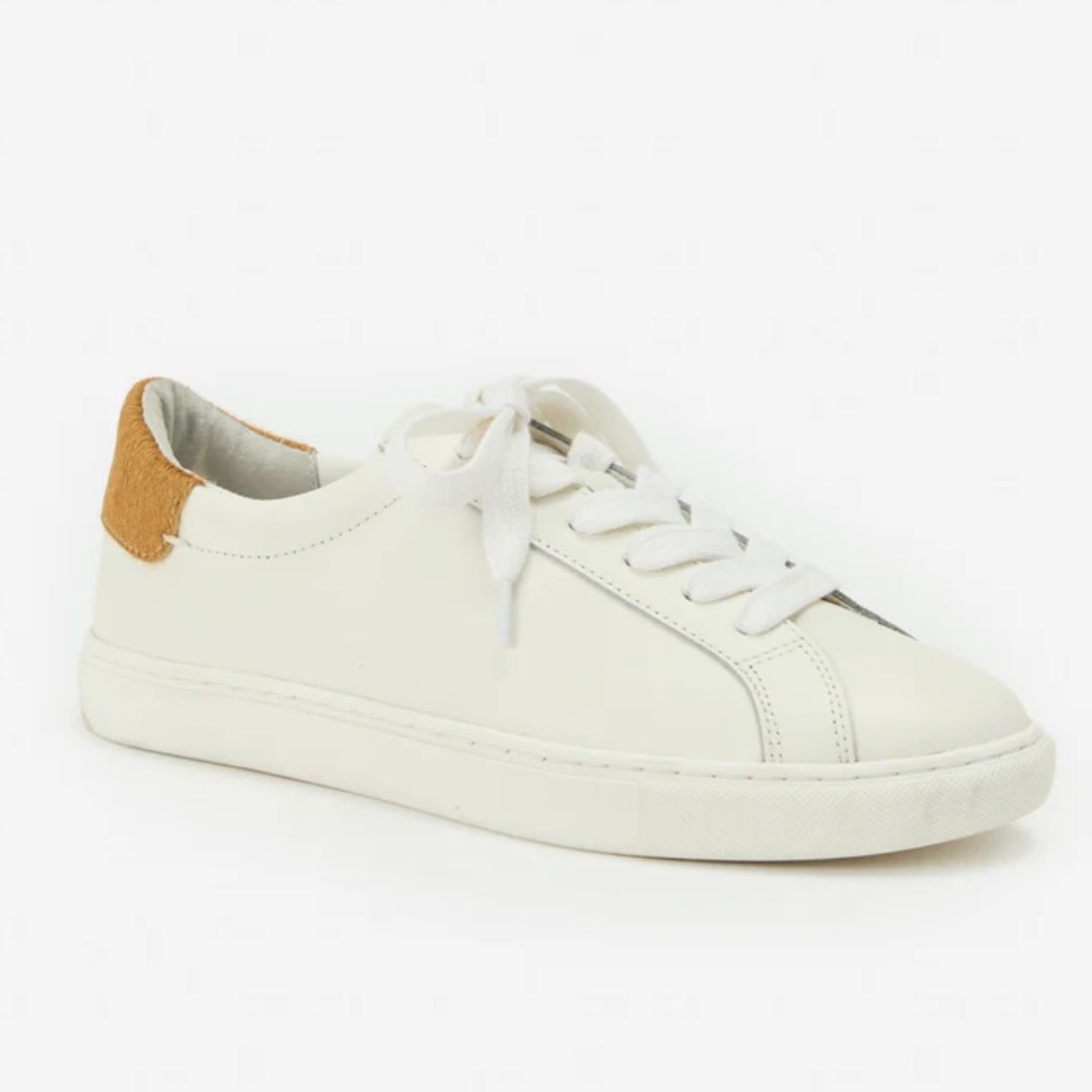J. McLaughlin Angelique White Leather Sneakers with Brown Heel Accent Size 6 1/2
